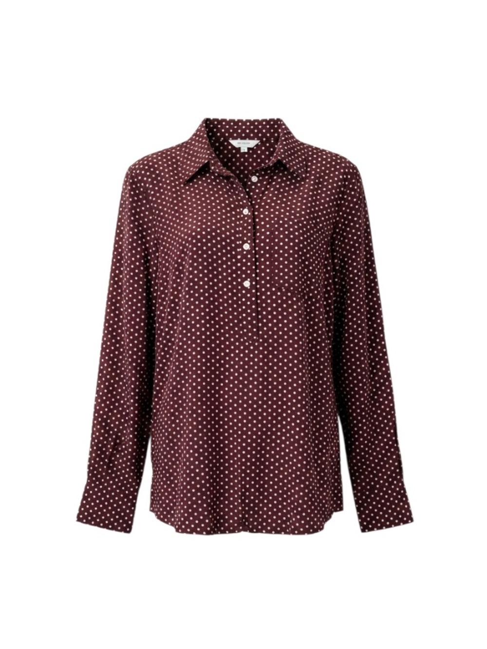 Women's Half-Button Blouse Top Maroon with White Starburst Dots Cosmic Blue Love - Picture 2 of 6